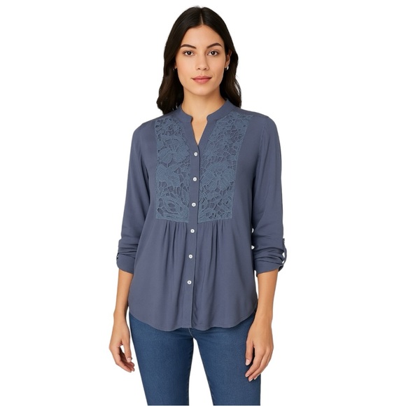 SHEIN Blue Lacey Detail Button Down Blouse top pleats buttons up career chic XL - Picture 1 of 10